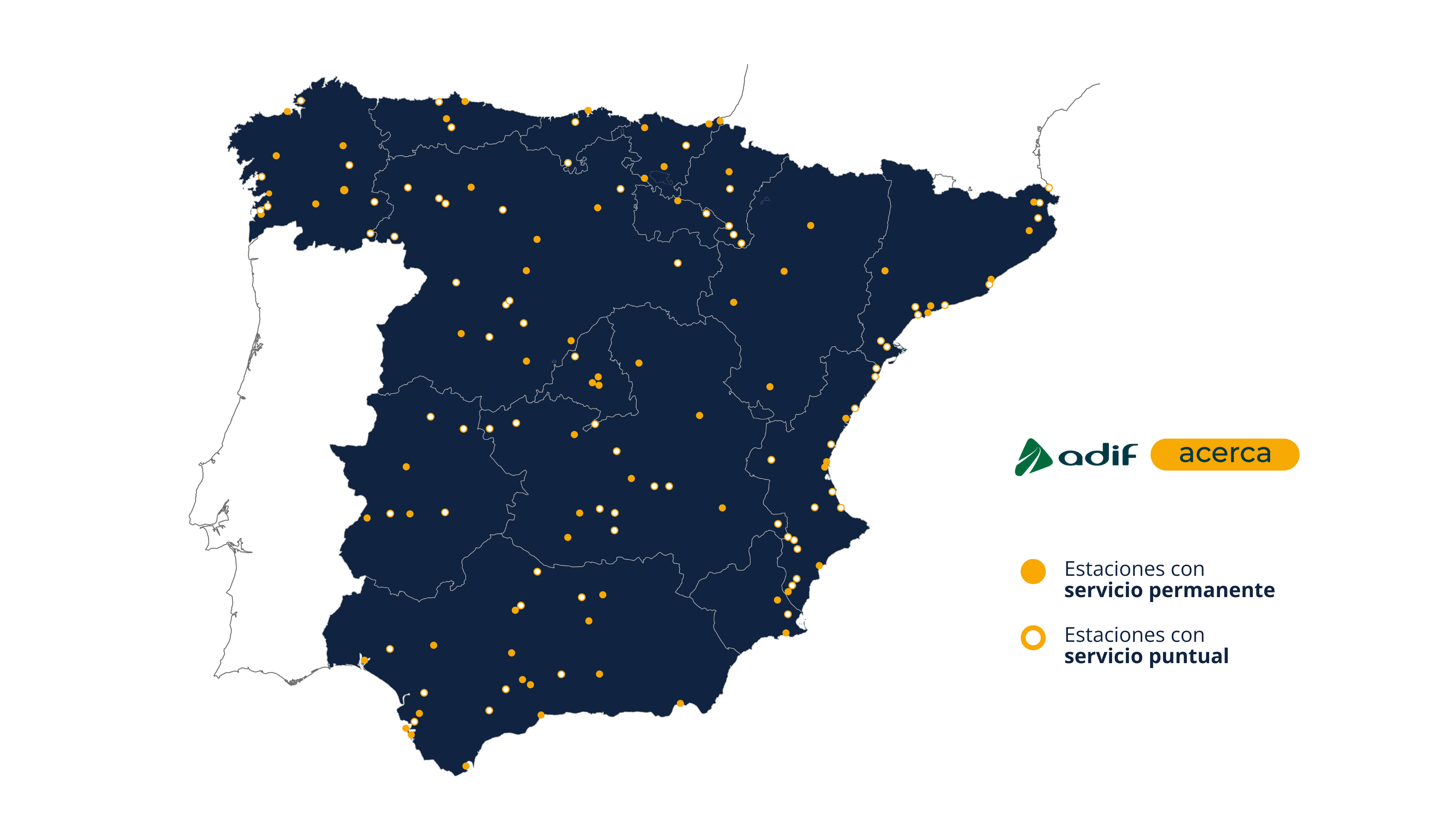 Mapa con las distintas localizaciones donde se presta la asistencia de Adif Acerca y que se puede leer en la relación de estaciones.